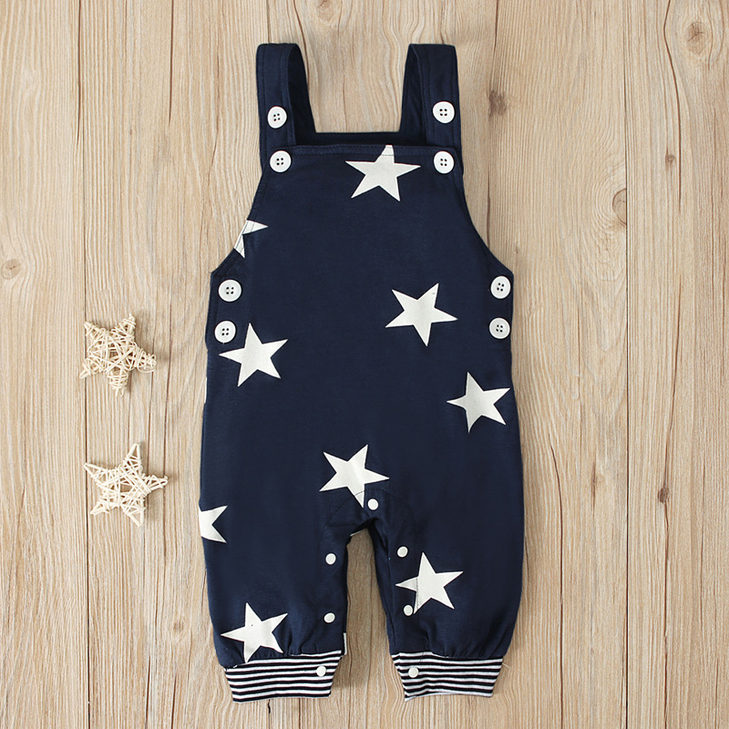 Baby Boy Stars and Stripes Suspenders Trousers + Long-sleeved T-shirt with hat three-piece set