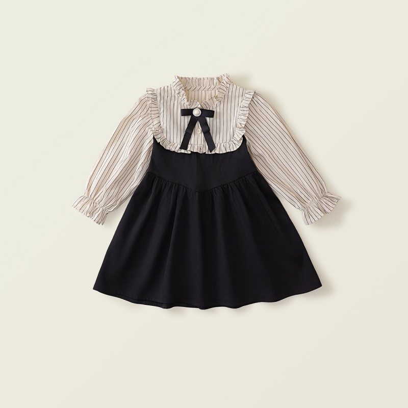 Baby Girl College Style False Two Piece Striped Clashing Long Sleeve Dress