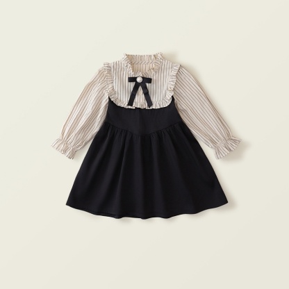 Baby Girl College Style False Two Piece Striped Clashing Long Sleeve Dress