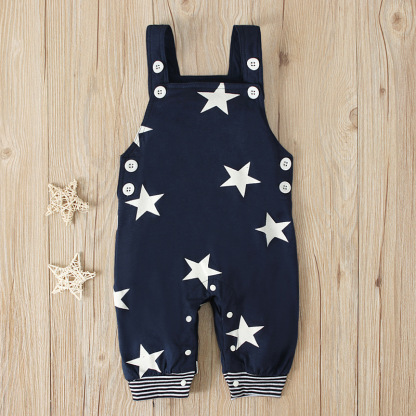 Baby Boy Stars and Stripes Suspenders Trousers + Long-sleeved T-shirt with hat three-piece set