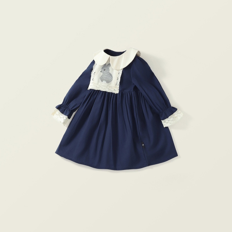 Baby Girl Babydoll Collar Bunny Embroidery Long Sleeve Dresses