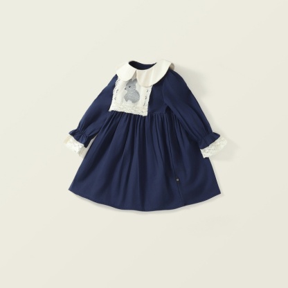 Baby Girl Babydoll Collar Bunny Embroidery Long Sleeve Dresses