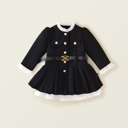 Baby Girl Tweed waisted padded and thickened pleated Long Sleeve Dress