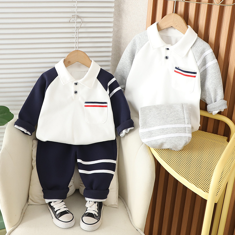 2pcs Baby Boy Colour Block Stripe Polo Shirt Long Sleeve Set