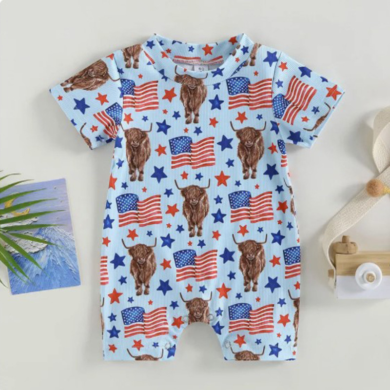 Baby Boy/Girl Independence Day Flag Print Crew Neck Short Sleeve Romper