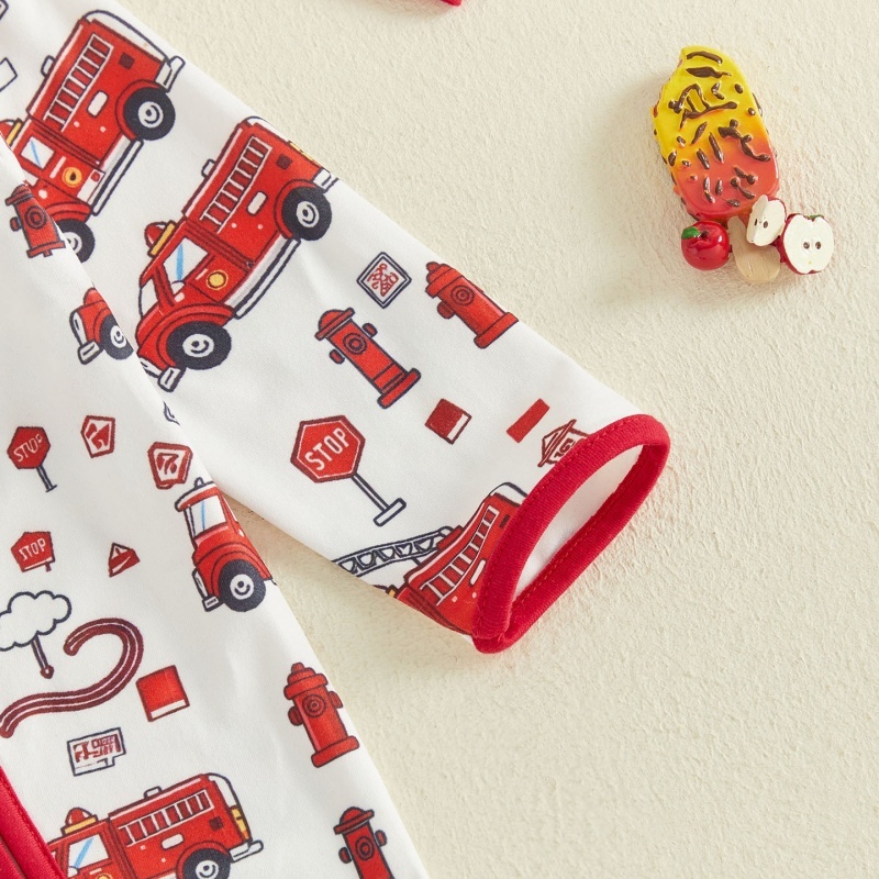 Fire Truck Print Zip Footed Baby Romper