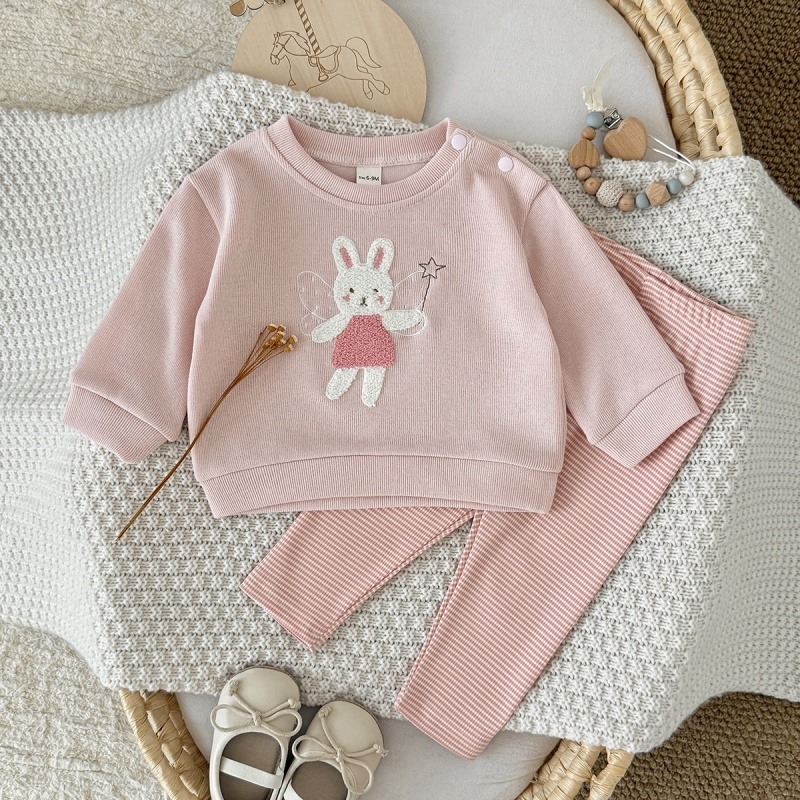Baby Girl Pink Rabbit Embroidered Sweatsuit Set