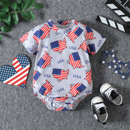Baby Boy/Girl Independence Day Flag Print Short Sleeve Bodysuit