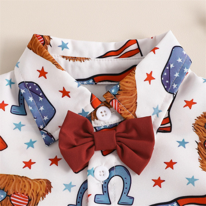 2pcs Baby Boy Independence Day Flag Print Bow Tie Shirt with Pant Set