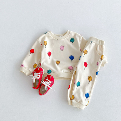 2pcs Baby Boy/Girl Smiley Colourful Balloon Print  Sweatshirt with Trouser Set