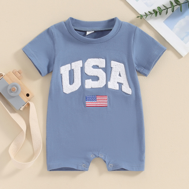 Baby Boys Embroidered Independence Day Alphabet USA Short Sleeve Rromper
