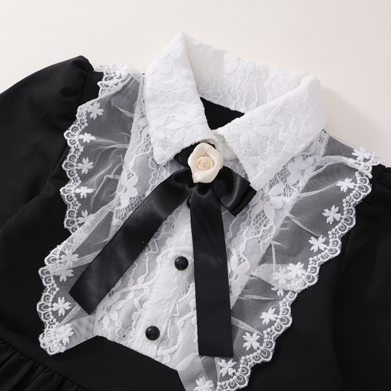 Baby Girl Black Hepburn Style Lace Bow Long Sleeve Dress