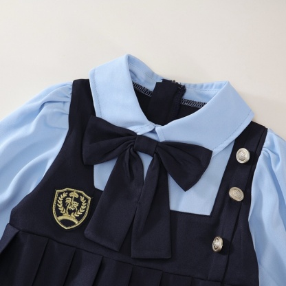 Baby Girl College Style Fake Two Piece Bow Long Sleeve Pleated Dress