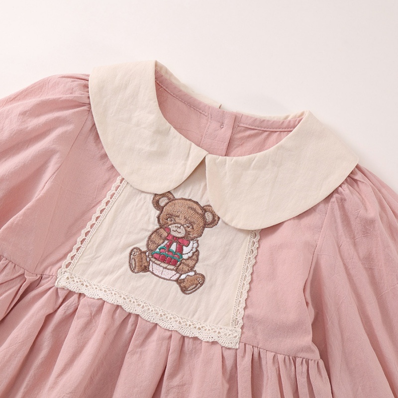 Baby Girl Babydoll Collar Bear Embroidery Long Sleeve Dresses