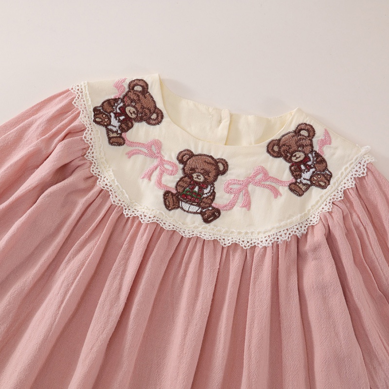 Baby Girl Pink Bubble Sleeve Bear Embroidered Long Sleeve Dresses