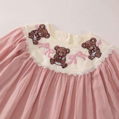 Baby Girl Pink Bubble Sleeve Bear Embroidered Long Sleeve Dresses