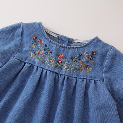 Baby Girl Ethnic Embroidered Denim Skirt Long Sleeve Dresses