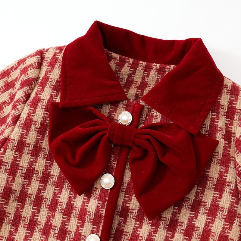 Baby Girl Sandwich Cotton Thickened Plaid Bow Set
