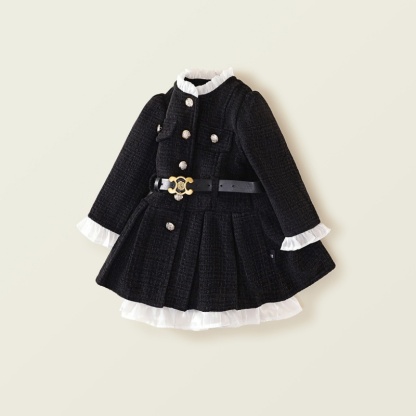 Baby Girl Tweed waisted padded and thickened pleated Long Sleeve Dress