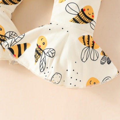 2pcs Baby Girl Cute Little Bee Print Long Sleeve Set With Hairband