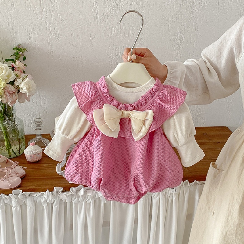 Baby Girl Solid Color Long Sleeve T-shirt and Bow Romper / Bodysuit