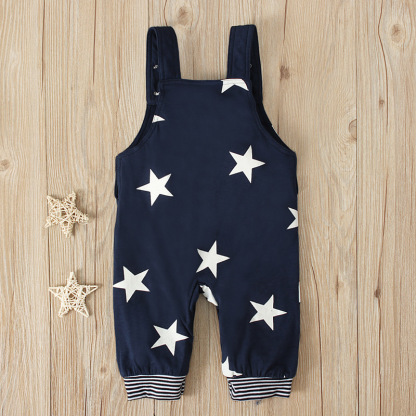 Baby Boy Stars and Stripes Suspenders Trousers + Long-sleeved T-shirt with hat three-piece set