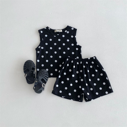 2pcs Baby Boy/Girl Thin Cotton Love Dot Print Sleeveless T-Shirt with Pant Set