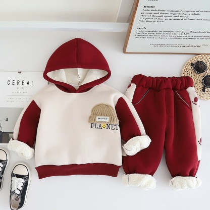 2pcs Baby Boy Thickened Padded Cute Bear Hooded Set