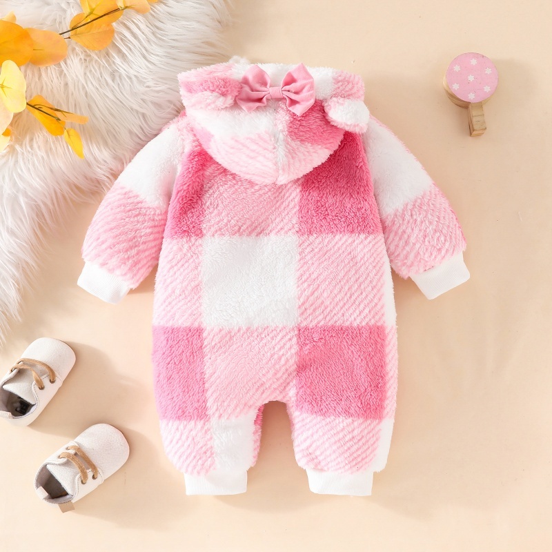 Baby Girl Cute Plaid Thickened Hooded Romper