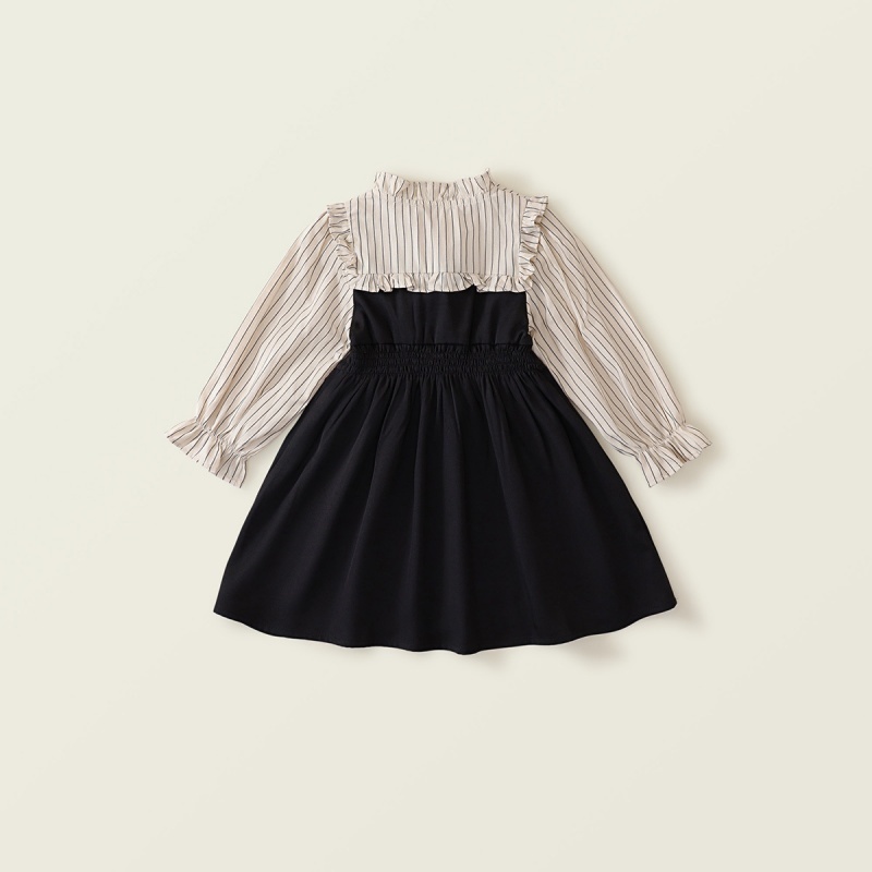 Baby Girl College Style False Two Piece Striped Clashing Long Sleeve Dress