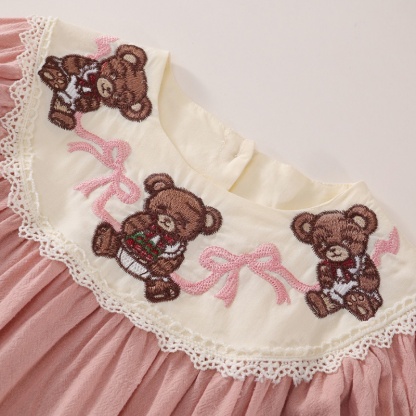 Baby Girl Pink Bubble Sleeve Bear Embroidered Long Sleeve Dresses