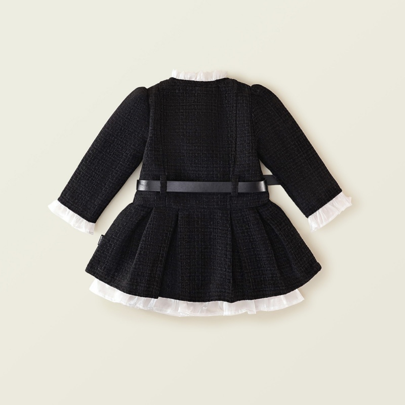 Baby Girl Tweed waisted padded and thickened pleated Long Sleeve Dress