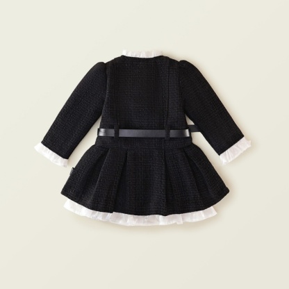 Baby Girl Tweed waisted padded and thickened pleated Long Sleeve Dress