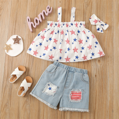 Baby Girl Independence Day Stars Sling-shirt+ Raglan Shorts + Hairband 3pcs Set