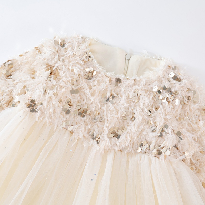 Baby Girl Fringe Trim Sequins Padded Long Sleeve Dress