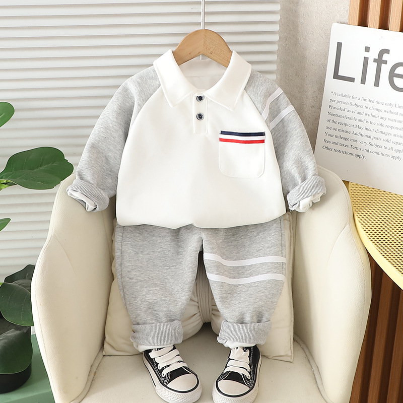 2pcs Baby Boy Colour Block Stripe Polo Shirt Long Sleeve Set