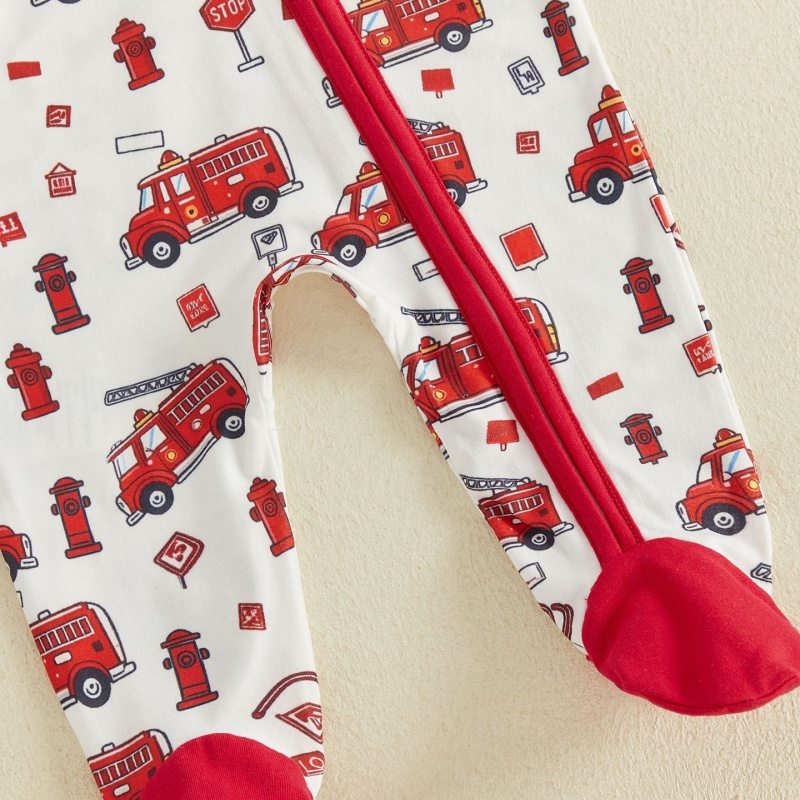 Fire Truck Print Zip Footed Baby Romper
