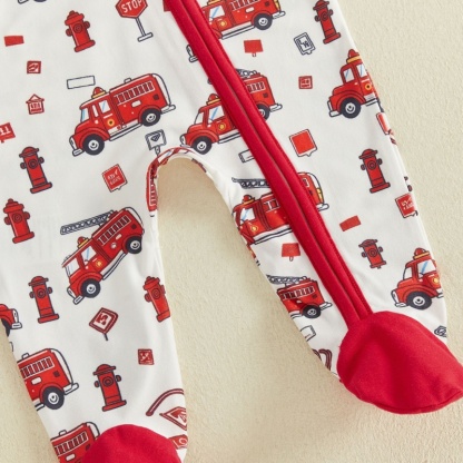 Fire Truck Print Zip Footed Baby Romper