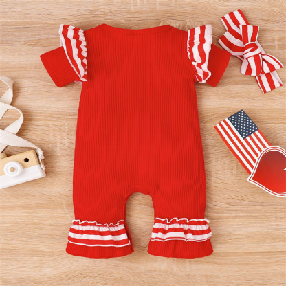 Baby Girl Independence Day Letter USA Print Lace Short Sleeve Romper with Hairband 