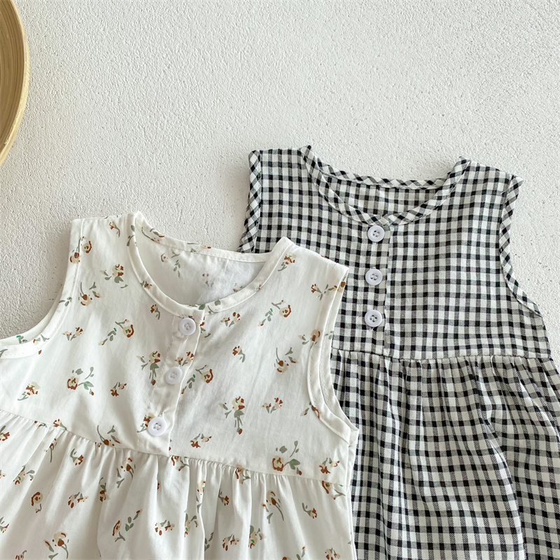 Baby Girl Floral Plaid Sleeveless Romper+ Hairband 2pcs set
