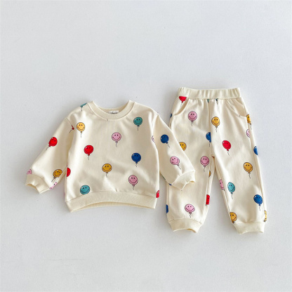 2pcs Baby Boy/Girl Smiley Colourful Balloon Print  Sweatshirt with Trouser Set