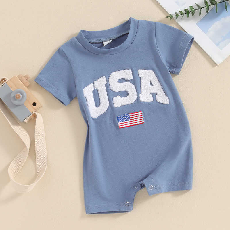Baby Boys Embroidered Independence Day Alphabet USA Short Sleeve Rromper