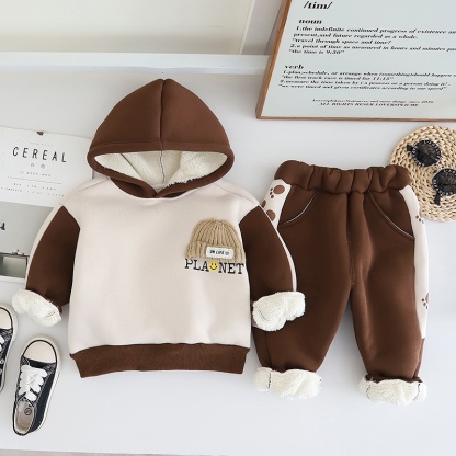 2pcs Baby Boy Thickened Padded Cute Bear Hooded Set