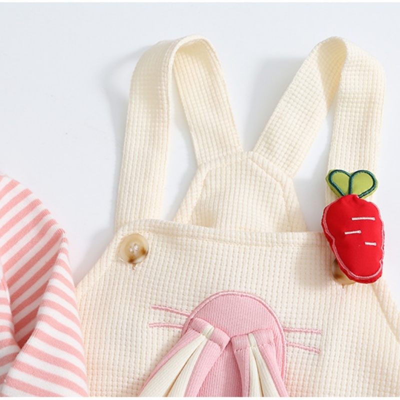 2pcs Baby Girl Cute Bunny Carrot Stripe Long Sleeve Romper Set