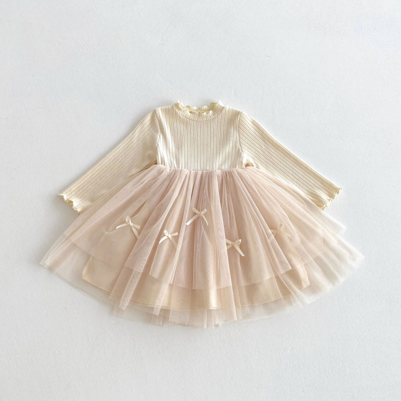 Baby Girl Colour Threaded Wooden Earring Patchwork Long Sleeve Dress