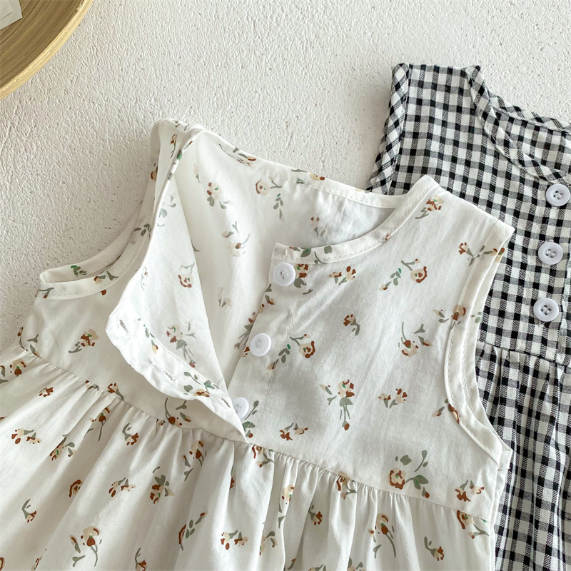 Baby Girl Floral Plaid Sleeveless Romper+ Hairband 2pcs set