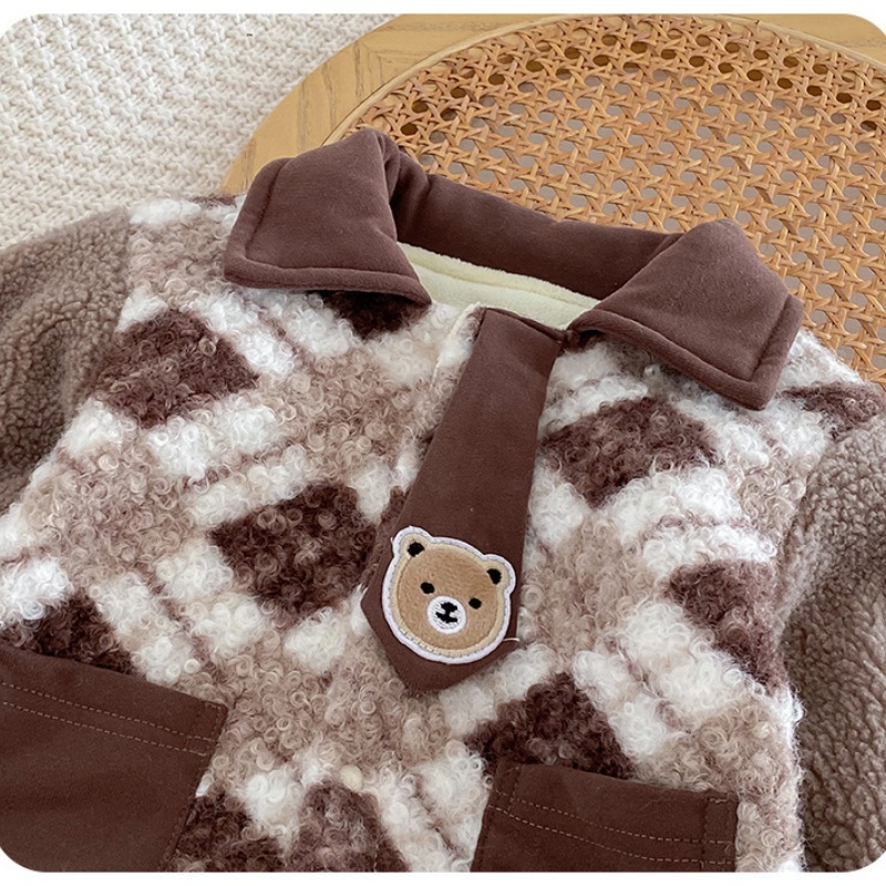 Baby Cartoon Bear Plaid Tie Romper