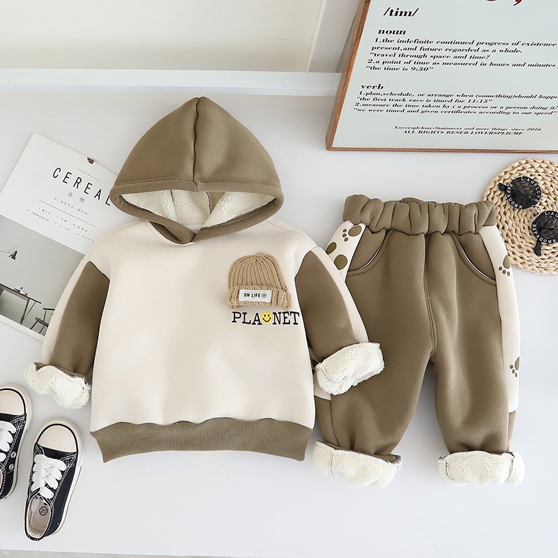 2pcs Baby Boy Thickened Padded Cute Bear Hooded Set