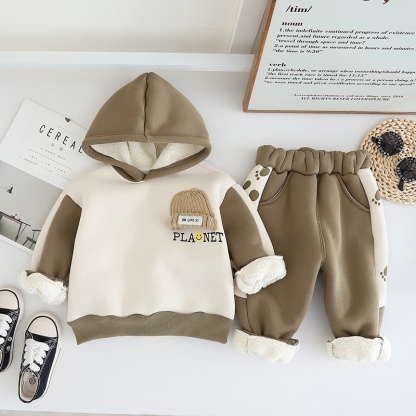 2pcs Baby Boy Thickened Padded Cute Bear Hooded Set