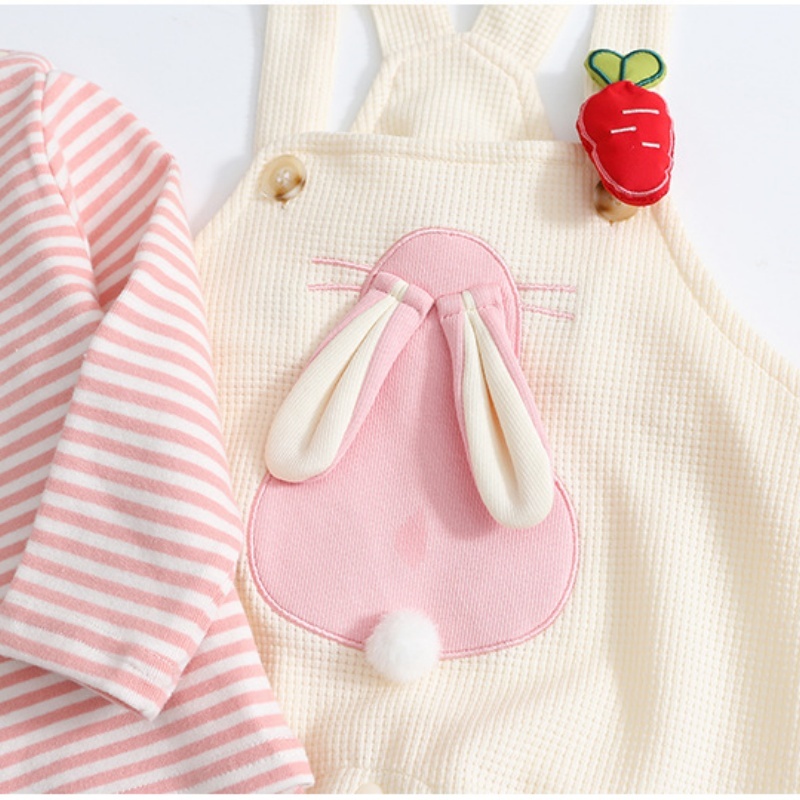 2pcs Baby Girl Cute Bunny Carrot Stripe Long Sleeve Romper Set